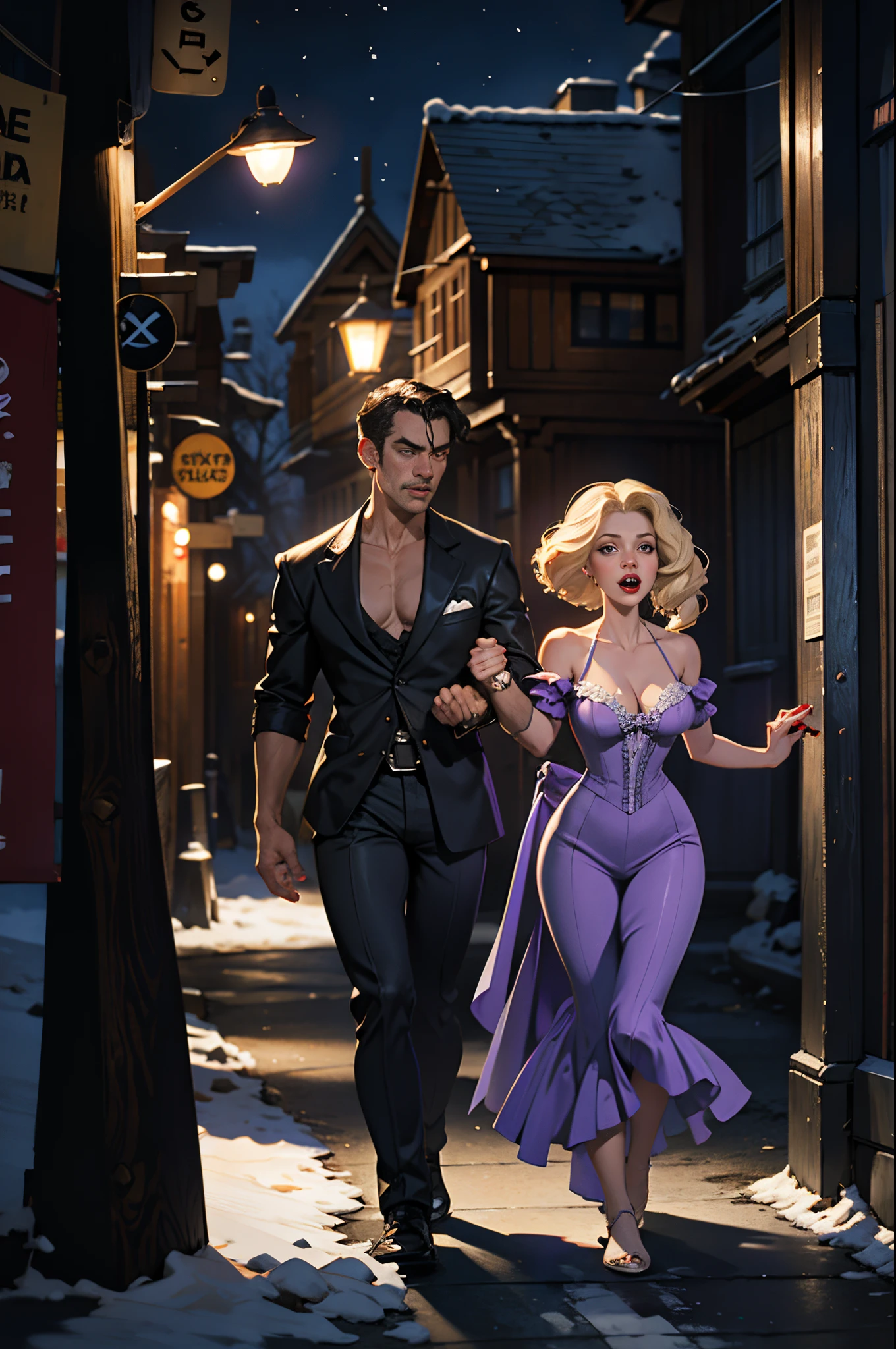 Victorian street at midnight. High action. 1girl, super skinny, pale, ragged purple Victorian dress, BREAK, fights 1girl, blonde, pale, red eyes, vampire_\(girl, fang, claws\) wearing a white nightgown, BREAK, on a deserted, snowy, Victorian street at night. Painting in the style of classic movies. Dramatic lighting.