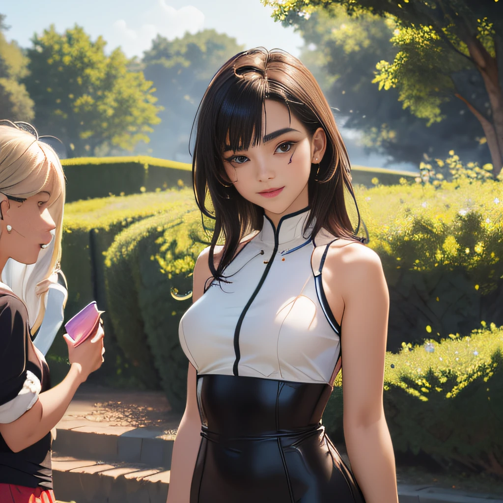 (Extremely detailed 8k wallpaper:2), (photo:2), (24 years old soigne Beautiful girl:2), (gives a lecture to friends:2), detailed (Face and eyes), (hyper realistic:1), (highly detailed:1), (epic realistic:1), rim light, (maximum details:1), cozy, (fullbody:1.3), (looking at viewer:2.0), (Woman's Attractive Qualities:2), (Attractive Woman:2), (Attractive:2), Smile, Intelligence, Empathy, Gracefulness, Sense of Style, Fitness, Grooming, Optimism, (Sensitivity:2), Sincerity, Romantic Gestures, Playfulness, Fashion Sense, (Sensuality:2), Charm, Modesty, Thoughtfulness, (Femininity:1), Flirtatiousness, Warmth, (Physical attractiveness:2), A beautiful smile, A love of life, strength and power, vulnerability, curiosity, wonder, love, (nature background:2), kawaii, waifu, Beautiful breasts, (attractive body:2), (Beautiful body:2), Beautiful pose, attractive pose, (Beautiful legs:1.0), (Beautiful clothes:1), (classic clothes:2), (elegant clothes:2), (European clothes:2), detailed clothes, (skirt:1), (blouse:1), (provocative pose)