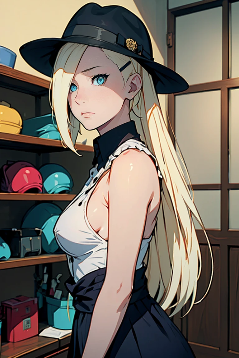 ino_yamanaka
1girl, blonde hair, hair ornament, bare shoulders, closed mouth, green eyes, ponytail, hairclip, hair over one eye,extra large breasts,top-quality、Top image quality、masterpiece、girl with((cute little、18year old、Best Bust、Medium bust、Bust 85,Beautiful blue eyes、Breasts wide open,Blonde long hair、A slender、Black attire、Serious face,Cowboy Hat、On the waist2Japan sword of the book、Fluttering hair))hiquality、Beautiful Art、Background with((New york city)),masutepiece、Elaborate design、visualart、depth of fields、The best lighting、highestdetailed、8k,Super delicate、A short distance away、Black and white world、Kurosawa World