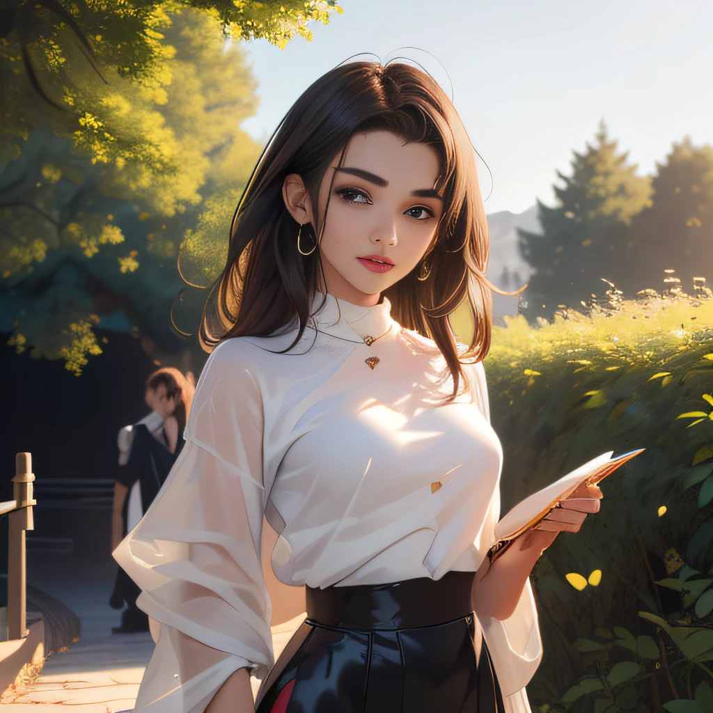 (Extremely detailed 8k wallpaper:2), (photo:2), (24 years old soigne Beautiful girl:2), (gives a lecture to friends:2), detailed (Face and eyes), (hyper realistic:1), (highly detailed:1), (epic realistic:1), rim light, (maximum details:1), cozy, (fullbody:1.3), (looking at viewer:2.0), (Woman's Attractive Qualities:2), (Attractive Woman:2), (Attractive:2), Smile, Intelligence, Empathy, Gracefulness, Sense of Style, Fitness, Grooming, Optimism, (Sensitivity:2), Sincerity, Romantic Gestures, Playfulness, Fashion Sense, (Sensuality:2), Charm, Modesty, Thoughtfulness, (Femininity:1), Flirtatiousness, Warmth, (Physical attractiveness:2), A beautiful smile, A love of life, strength and power, vulnerability, curiosity, wonder, love, (nature background:2), kawaii, waifu, Beautiful breasts, (attractive body:2), (Beautiful body:2), Beautiful pose, attractive pose, (Beautiful legs:1.0), (Beautiful clothes:1), (classic clothes:2), (elegant clothes:2), (European clothes:2), detailed clothes, (skirt:1), (blouse:1), (provocative pose)