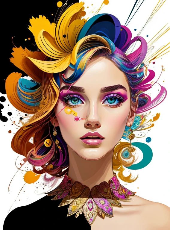 Criar uma obra de arte digital no estilo pop art, apresentando uma mulher vibrante e confiante com maquiagem ousada e moda colorida, Cinematic Color Scheme, surrounded by abstract flower patterns, Energetic brushstrokes,Humor should be dynamic.