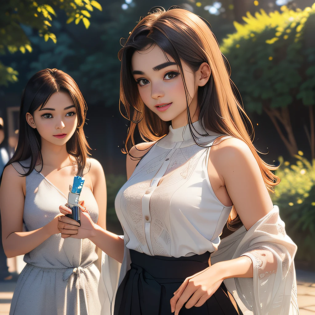 (Extremely detailed 8k wallpaper:2), (photo:2), (24 years old soigne Beautiful girl:2), (gives a lecture to friends:2), detailed (Face and eyes), (hyper realistic:1), (highly detailed:1), (epic realistic:1), rim light, (maximum details:1), cozy, (fullbody:1.3), (looking at viewer:2.0), (Woman's Attractive Qualities:2), (Attractive Woman:2), (Attractive:2), Smile, Intelligence, Empathy, Gracefulness, Sense of Style, Fitness, Grooming, Optimism, (Sensitivity:2), Sincerity, Romantic Gestures, Playfulness, Fashion Sense, (Sensuality:2), Charm, Modesty, Thoughtfulness, (Femininity:1), Flirtatiousness, Warmth, (Physical attractiveness:2), A beautiful smile, A love of life, strength and power, vulnerability, curiosity, wonder, love, (nature background:2), kawaii, waifu, Beautiful breasts, (attractive body:2), (Beautiful body:2), Beautiful pose, attractive pose, (Beautiful legs:1.0), (Beautiful clothes:1), (classic clothes:2), (elegant clothes:2), (European clothes:2), detailed clothes, (skirt:1), (blouse:1), (provocative pose)