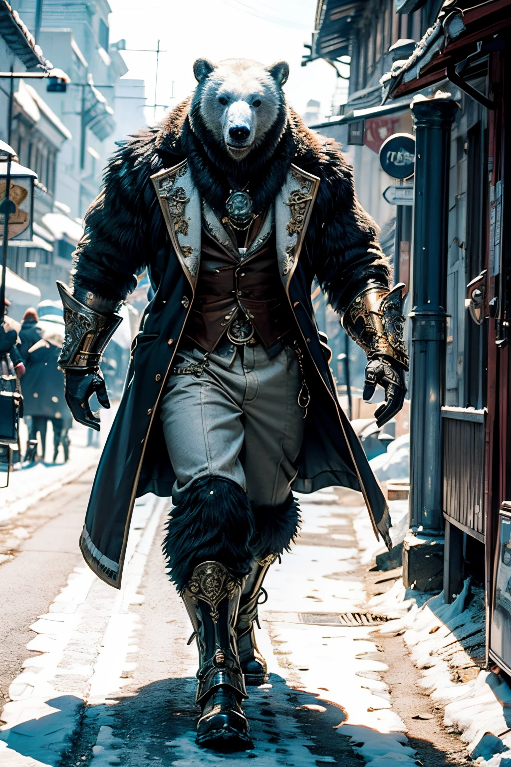 Describe a picturesque scene where a polar bear, dressed in intricate winter cold steampunk armor predominantly white, with white coat, majestically walks through of a snowy with a steampunk vibe. Detail the unique appearance of the armor, its ornate gears and extravagant accessories, while the bear, with an imposing posture, looks at the camera. Explore the fusion between the wild nature of the humanoid bear and the technological aesthetics of steampunk, detailed fur and realistic, intense sunlight