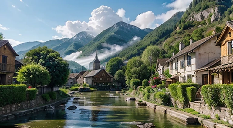 (a beautiful village in the mountains),(best quality, ultra-detailed, realistic:1.37), colorful, vibrant, picturesque scenery, charming houses, cozy cottages, quaint cobblestone streets, blooming flowers, lush greenery, majestic mountains, cascading waterfalls, peaceful atmosphere, idyllic setting, breathtaking view, clear blue sky, soft sunlight filtering through the trees, distant misty peaks, tranquil river flowing through the village, locals engaged in daily activities, friendly villagers, warm hospitality, traditional architecture, wooden balconies adorned with flower pots, smoke rising from chimneys, a small market filled with fresh produce, children playing in the streets, a peaceful village square, ancient church with a bell tower, birds chirping in the background, a sense of serenity and harmony.