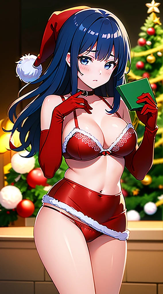 masterpiece, best quality, 1 solo girl, dark blue hair, blue eyes, long hair, wavy hair, Christmas ornaments, medium breasts, mature body and face, red christmas dress, christmas, christmas light, christmas tree, red gloves, red santa skirt, holding gift, red bra, red panty, leg up, cowboy shots, sexy pose, dakimakura, detailed body, face, and eyes, sharp focus, vibrant, creative, dynamic, high definition, high resolution, 8k, (Upscale: R-ESRGAN 4x+ Anime6B), (Image enchance:4x), voluptuous body