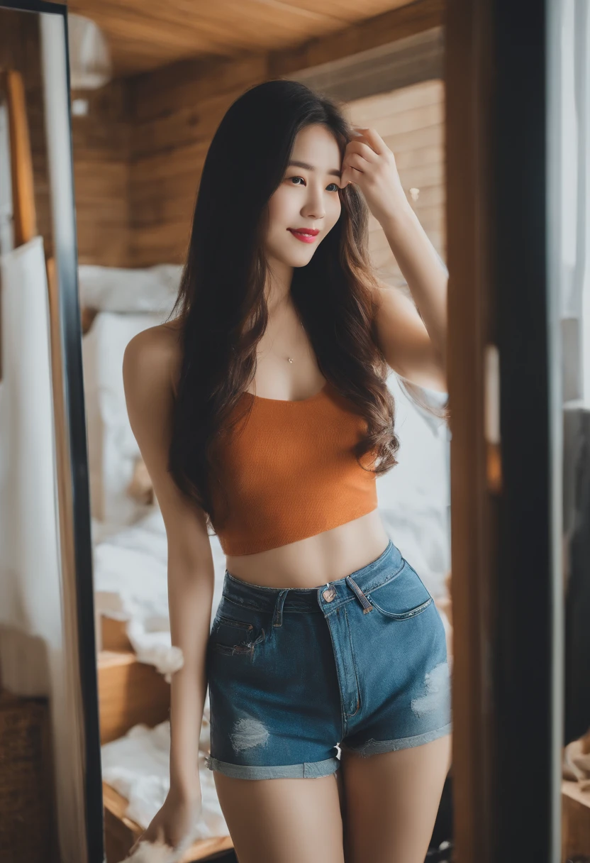 25 year old black haired girl、Take a selfie in your underwear in front of the mirror in a messy room、standingn、Very cute,Korea person、the skin is very white、being thin、Denim shorts、Long layered hair、Take a selfie in front of the mirror