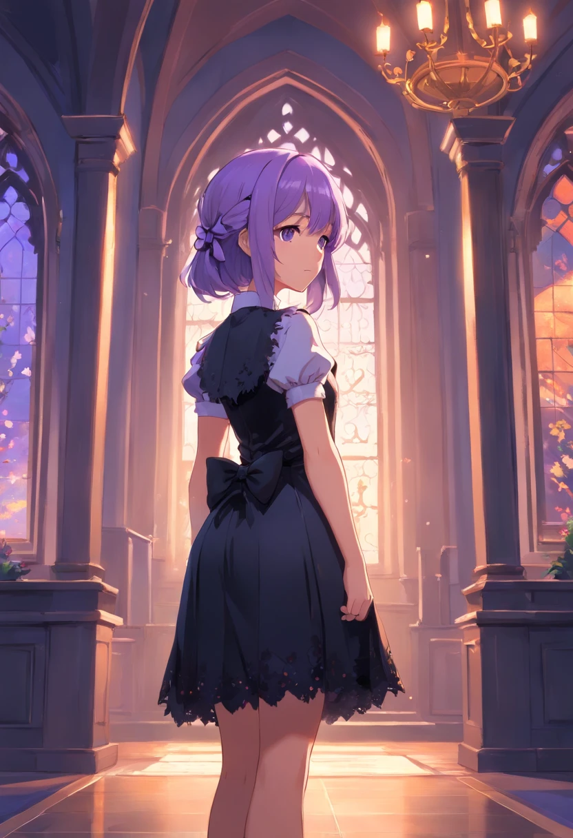 1girl, young, long lavender hair, wearing a Gothic short dress,  looking away, standing straight up, facing front, full body, with a bow on her chest, wearing a small top hat, pouting, arms crossed