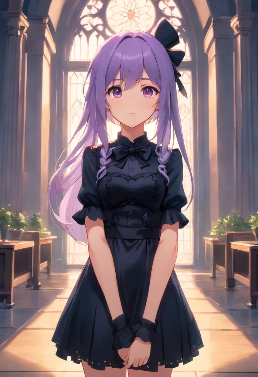 1girl, young, long lavender hair, wearing a Gothic short dress,  looking away, standing straight up, facing front, full body, with a bow on her chest, wearing a small top hat, pouting, arms crossed