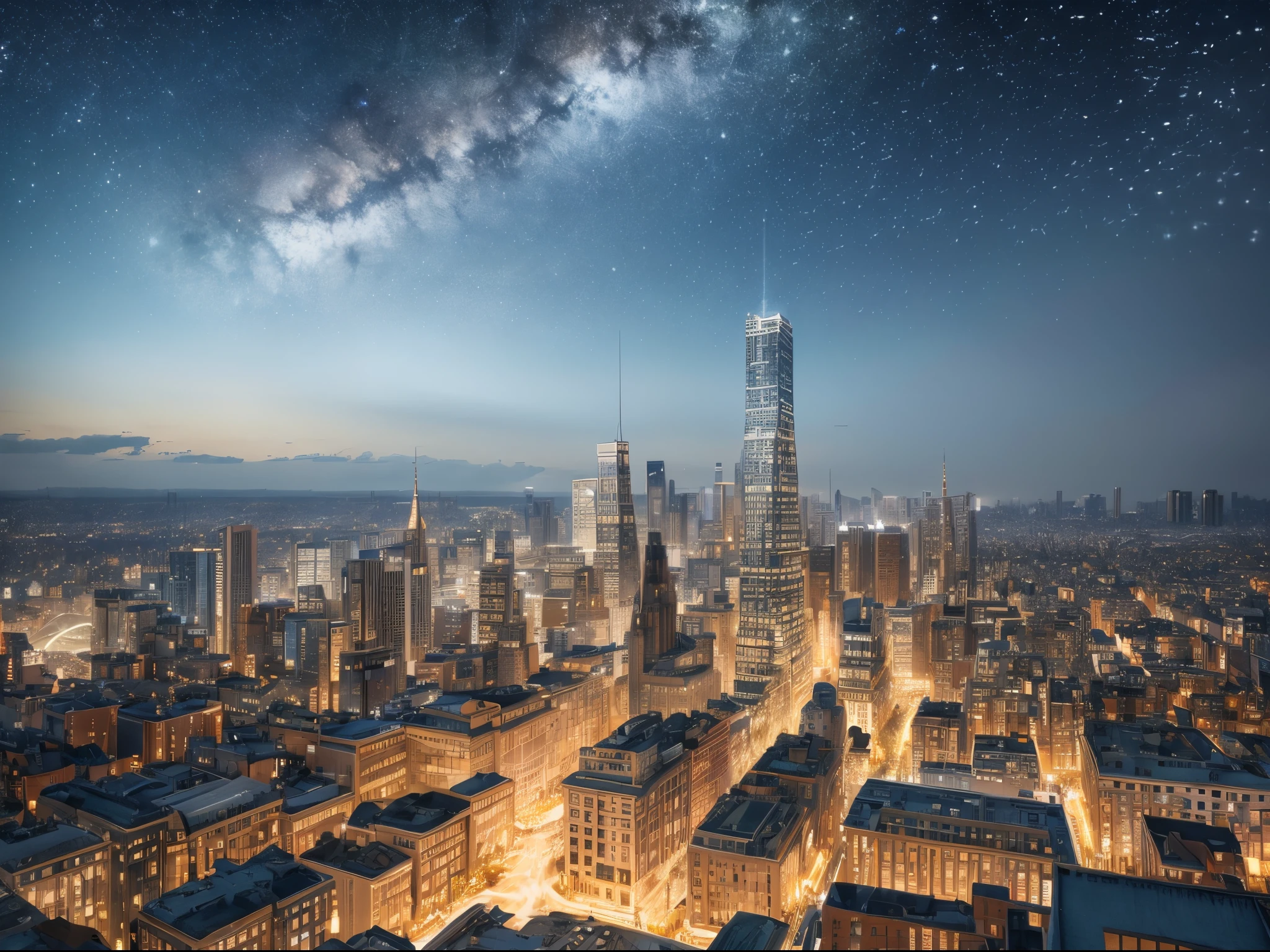 A dreamlike cityscape where the buildings and surroundings are intricately detailed using Mandelbrot's fractal patterns. The stars twinkle with mathematical precision.