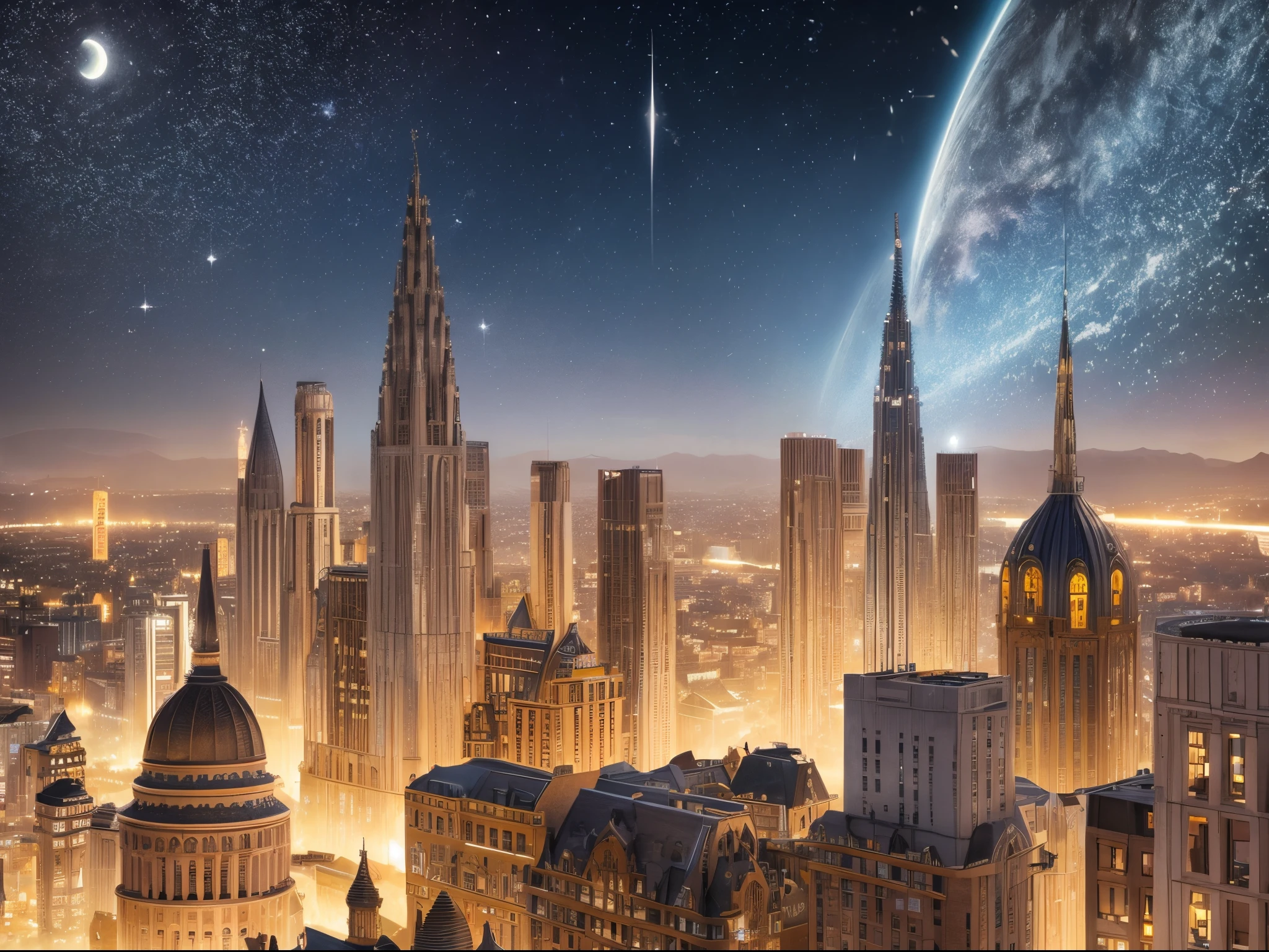 A dreamlike cityscape where the buildings and surroundings are intricately detailed using Mandelbrot's fractal patterns. The stars twinkle with mathematical precision.