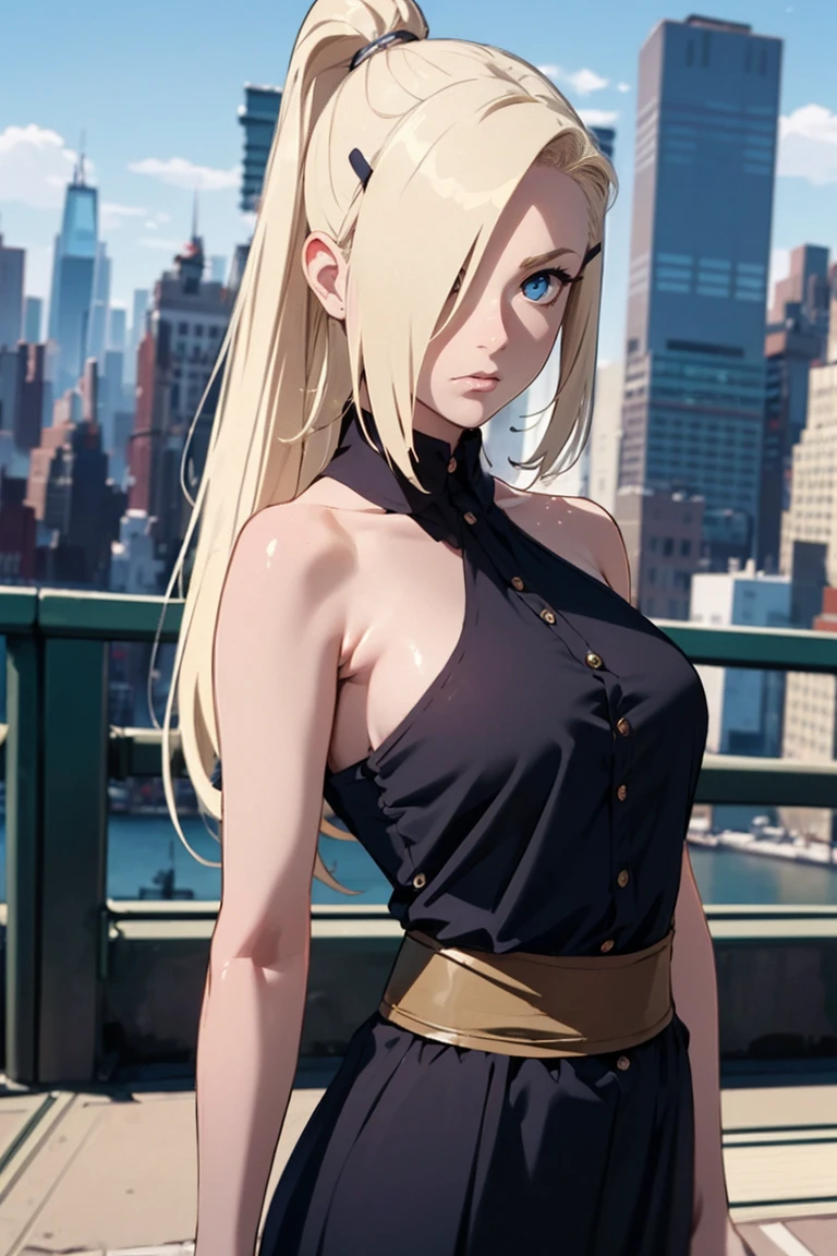 ino_yamanaka
1girl, blonde hair, hair ornament, bare shoulders, closed mouth, green eyes, ponytail, hairclip, hair over one eye,extra large breasts,top-quality、Top image quality、​masterpiece、girl with((cute little、18year old、Best Bust、Medium bust、Bust 85,Beautiful blue eyes、Breasts wide open,Blonde long hair、A slender、Black attire、Serious face,Cowboy Hat、On the waist２Japan sword of the book、Fluttering hair)）hiquality、Beautiful Art、Background with((New york city)),masutepiece、Elaborate design、visualart、depth of fields、The best lighting、highestdetailed、8ｋ,Super delicate、A short distance away、Black and white world、Kurosawa World