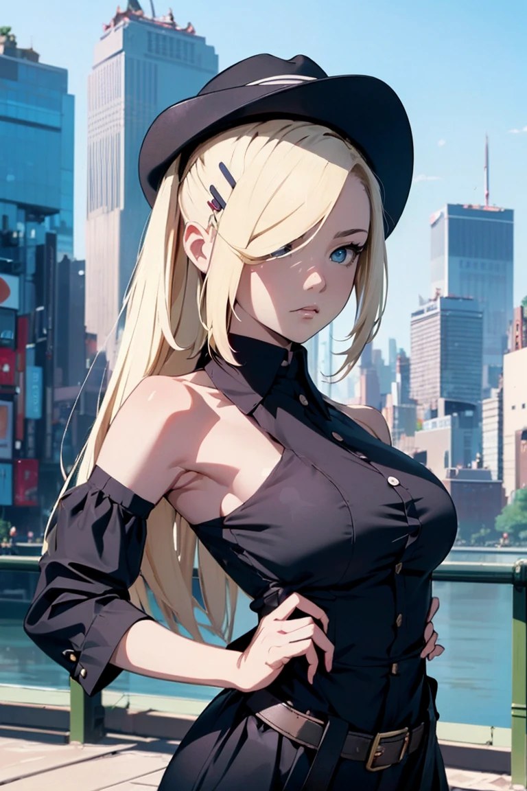ino_yamanaka
1girl, blonde hair, hair ornament, bare shoulders, closed mouth, green eyes, ponytail, hairclip, hair over one eye,extra large breasts,top-quality、Top image quality、masterpiece、girl with((cute little、18year old、Best Bust、Medium bust、Bust 85,Beautiful blue eyes、Breasts wide open,Blonde long hair、A slender、Black attire、Serious face,Cowboy Hat、On the waist2Japan sword of the book、Fluttering hair))hiquality、Beautiful Art、Background with((New york city)),masutepiece、Elaborate design、visualart、depth of fields、The best lighting、highestdetailed、8k,Super delicate、A short distance away、Black and white world、Kurosawa World