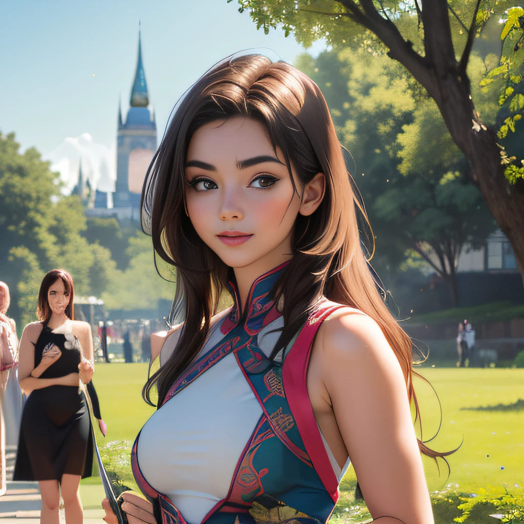 (Extremely detailed 8k wallpaper:2), (photo:2), (24 years old soigne Beautiful girl:2), (gives a lecture to friends:2), detailed (Face and eyes), (hyper realistic:1), (highly detailed:1), (epic realistic:1), rim light, (maximum details:1), cozy, (fullbody:1.3), (looking at viewer:2.0), (Woman's Attractive Qualities:2), (Attractive Woman:2), (Attractive:2), Smile, Intelligence, Empathy, Gracefulness, Sense of Style, Fitness, Grooming, Optimism, (Sensitivity:2), Sincerity, Romantic Gestures, Playfulness, Fashion Sense, (Sensuality:2), Charm, Modesty, Thoughtfulness, (Femininity:1), Flirtatiousness, Warmth, (Physical attractiveness:2), A beautiful smile, A love of life, strength and power, vulnerability, curiosity, wonder, love, (nature background:2), kawaii, waifu, Beautiful breasts, (attractive body:2), (Beautiful body:2), Beautiful pose, attractive pose, (Beautiful legs:1.0), (Beautiful clothes:1), (classic clothes:2), (elegant clothes:2), (European clothes:2), detailed clothes, (skirt:1), (blouse:1), (provocative pose)