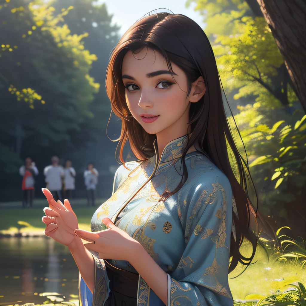 (Extremely detailed 8k wallpaper:2), (photo:2), (24 years old soigne Beautiful girl:2), (gives a lecture to friends:2), detailed (Face and eyes), (hyper realistic:1), (highly detailed:1), (epic realistic:1), rim light, (maximum details:1), cozy, (fullbody:1.3), (looking at viewer:2.0), (Woman's Attractive Qualities:2), (Attractive Woman:2), (Attractive:2), Smile, Intelligence, Empathy, Gracefulness, Sense of Style, Fitness, Grooming, Optimism, (Sensitivity:2), Sincerity, Romantic Gestures, Playfulness, Fashion Sense, (Sensuality:2), Charm, Modesty, Thoughtfulness, (Femininity:1), Flirtatiousness, Warmth, (Physical attractiveness:2), A beautiful smile, A love of life, strength and power, vulnerability, curiosity, wonder, love, (nature background:2), kawaii, waifu, Beautiful breasts, (attractive body:2), (Beautiful body:2), Beautiful pose, attractive pose, (Beautiful legs:1.0), (Beautiful clothes:1), (classic clothes:2), (elegant clothes:2), (European clothes:2), detailed clothes, (skirt:1), (blouse:1), (provocative pose)