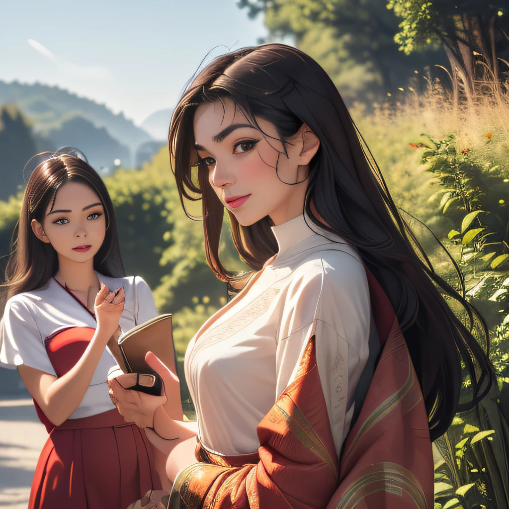 (Extremely detailed 8k wallpaper:2), (photo:2), (24 years old soigne Beautiful girl:2), (gives a lecture to friends:2), detailed (Face and eyes), (hyper realistic:1), (highly detailed:1), (epic realistic:1), rim light, (maximum details:1), cozy, (fullbody:1.3), (looking at viewer:2.0), (Woman's Attractive Qualities:2), (Attractive Woman:2), (Attractive:2), Smile, Intelligence, Empathy, Gracefulness, Sense of Style, Fitness, Grooming, Optimism, (Sensitivity:2), Sincerity, Romantic Gestures, Playfulness, Fashion Sense, (Sensuality:2), Charm, Modesty, Thoughtfulness, (Femininity:1), Flirtatiousness, Warmth, (Physical attractiveness:2), A beautiful smile, A love of life, strength and power, vulnerability, curiosity, wonder, love, (nature background:2), kawaii, waifu, Beautiful breasts, (attractive body:2), (Beautiful body:2), Beautiful pose, attractive pose, (Beautiful legs:1.0), (Beautiful clothes:1), (classic clothes:2), (elegant clothes:2), (European clothes:2), detailed clothes, (skirt:1), (blouse:1), (provocative pose)