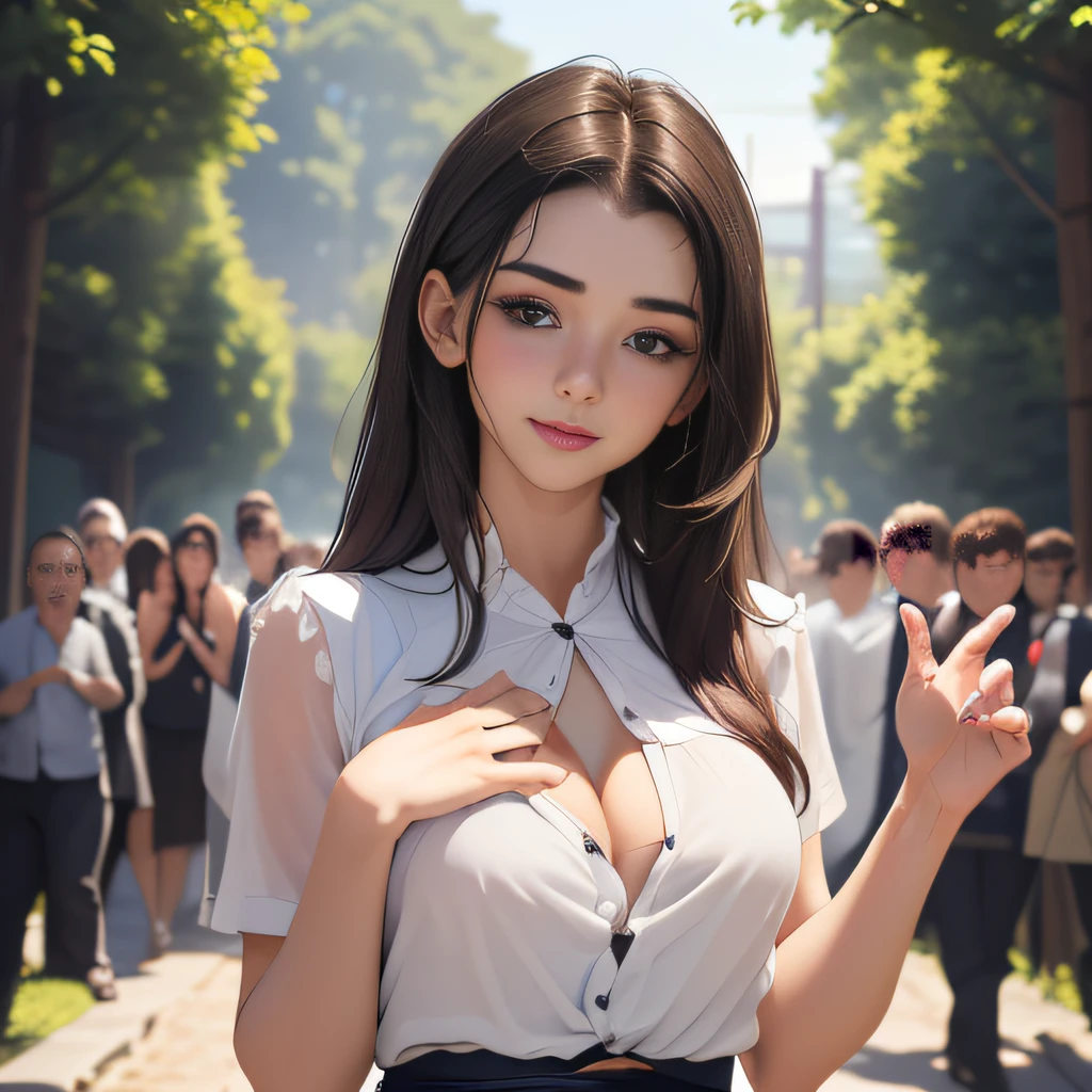 (Extremely detailed 8k wallpaper:2), (photo:2), (24 years old soigne Beautiful girl:2), (gives a lecture to friends:2), detailed (Face and eyes), (hyper realistic:1), (highly detailed:1), (epic realistic:1), rim light, (maximum details:1), cozy, (fullbody:1.3), (looking at viewer:2.0), (Woman's Attractive Qualities:2), (Attractive Woman:2), (Attractive:2), Smile, Intelligence, Empathy, Gracefulness, Sense of Style, Fitness, Grooming, Optimism, (Sensitivity:2), Sincerity, Romantic Gestures, Playfulness, Fashion Sense, (Sensuality:2), Charm, Modesty, Thoughtfulness, (Femininity:1), Flirtatiousness, Warmth, (Physical attractiveness:2), A beautiful smile, A love of life, strength and power, vulnerability, curiosity, wonder, love, (nature background:2), kawaii, waifu, Beautiful breasts, (attractive body:2), (Beautiful body:2), Beautiful pose, attractive pose, (Beautiful legs:1.0), (Beautiful clothes:1), (classic clothes:2), (elegant clothes:2), (European clothes:2), detailed clothes, (skirt:1), (blouse:1), (provocative pose)