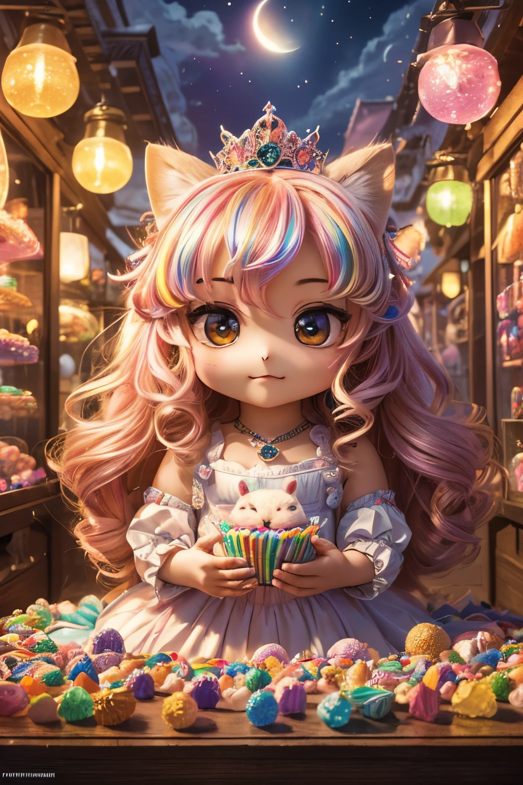 best quality,4k,8k,highres,masterpiece:1.2),ultra-detailed,(realistic,cute (chibi) princess in rainbow candy shop, highly detailed high contrast hd masterpiece of best quality in high resolutionphotorealistic,photo-realistic:1.37),Enchanted forest, illuminated by the soft moonlight,playful foxes,graceful fawns,adorable cubs,wise owls,cute bunnies,prickly hedgehogs gather under the celestial beauty,portraits,landscape,photography,vivid colors,warm tones,soft lighting,peaceful ambiance