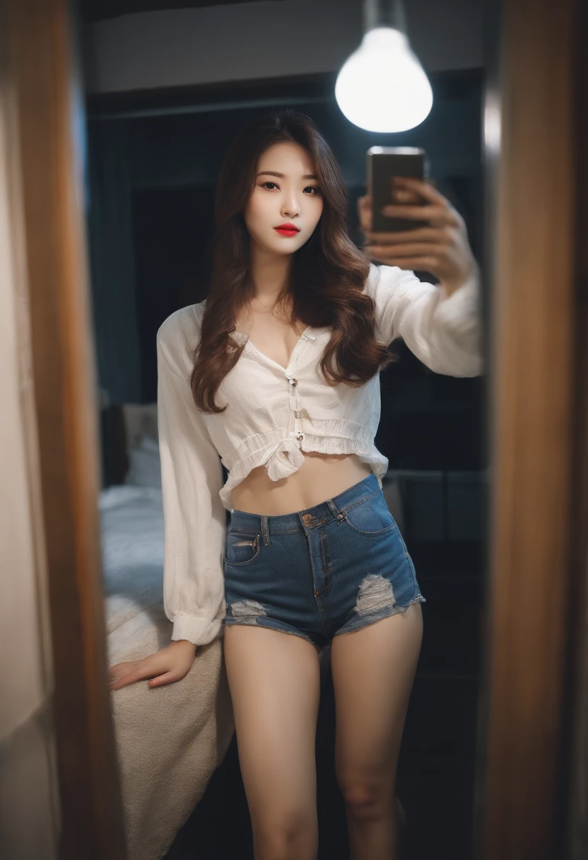 25 year old black haired girl、Take a selfie in your underwear in front of the mirror in a messy room、standingn、Very cute,Korea person、the skin is very white、being thin、Denim shorts、Long layered hair、Take a picture of yourself in the mirror with your smartphone