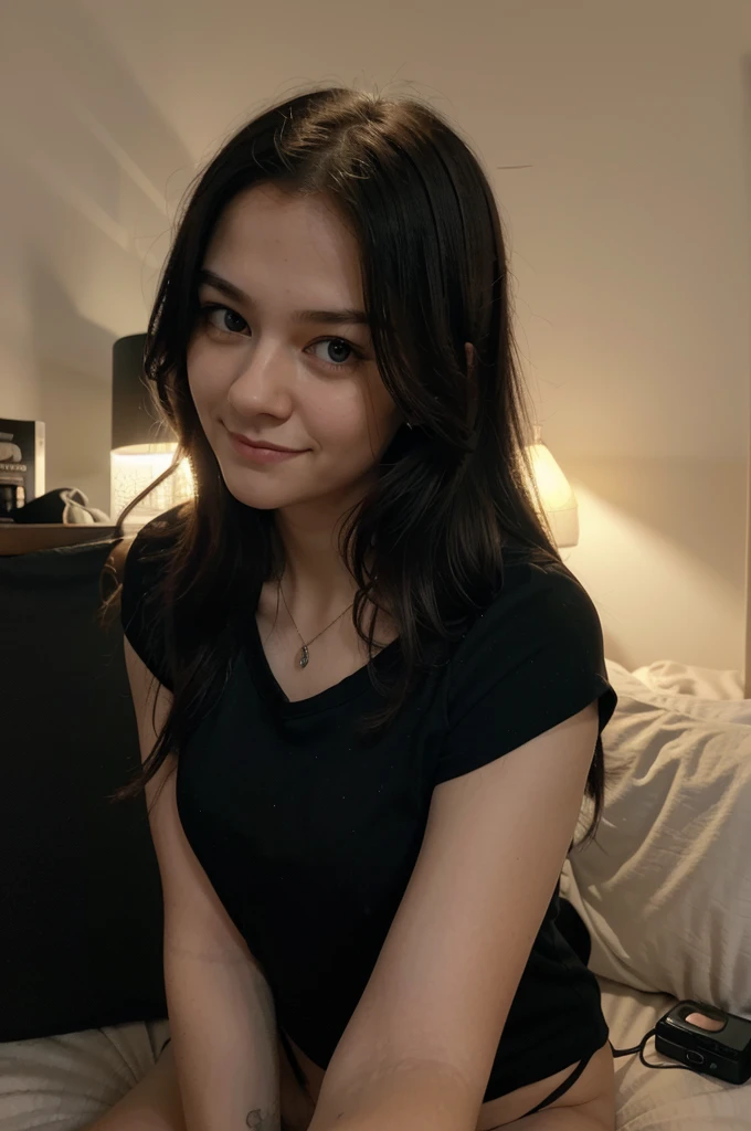 The goth gamer girl is taking a selfie of her, she is at her desk, only her face is shown in the picture, she is on her bed. The picture is taken from above from her phone, capturing her cute and innocence. SHe is trying to do a cute smile but you can see she is a bit embaraced to do that. The lighting is dark but with a soft orange like light coming from behind the phone, from her lamp. Capture the essence of her cool and cute looking. –ar 4:5 –s 400 –seed 789 –c 50