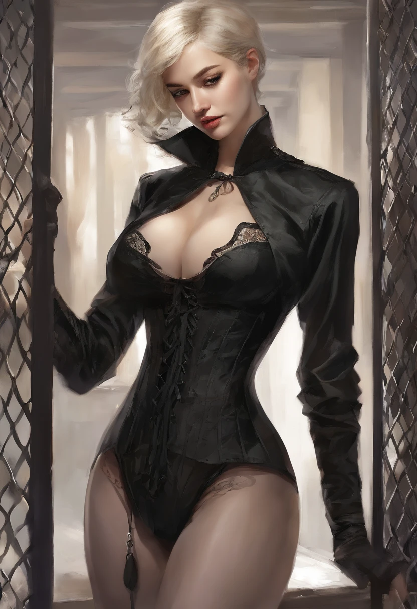 Black corset,束缚、(in a prison cell)、full body Esbian、((top-quality、8K、masterpiece:1.3))、Crisp focus:1.2、Beautiful woman with perfect body shape:1.4、Slender Abs:1.2、((layers-Cut、Colossal tits:1.2))、(Sateen、Street:1.2)、a wet body:1.5、Highly detailed facial and skin texture、A detailed eye、Bery short hair,BDSM,Slave,rubber、a blond、SM