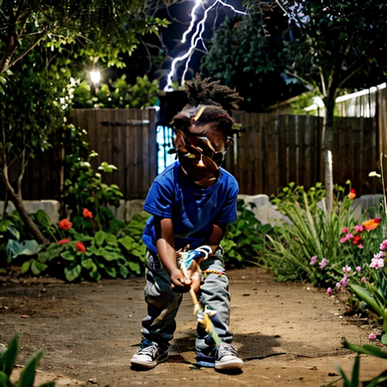 A small African boy who likes lightning looking like a 6 year old child playing in the garden