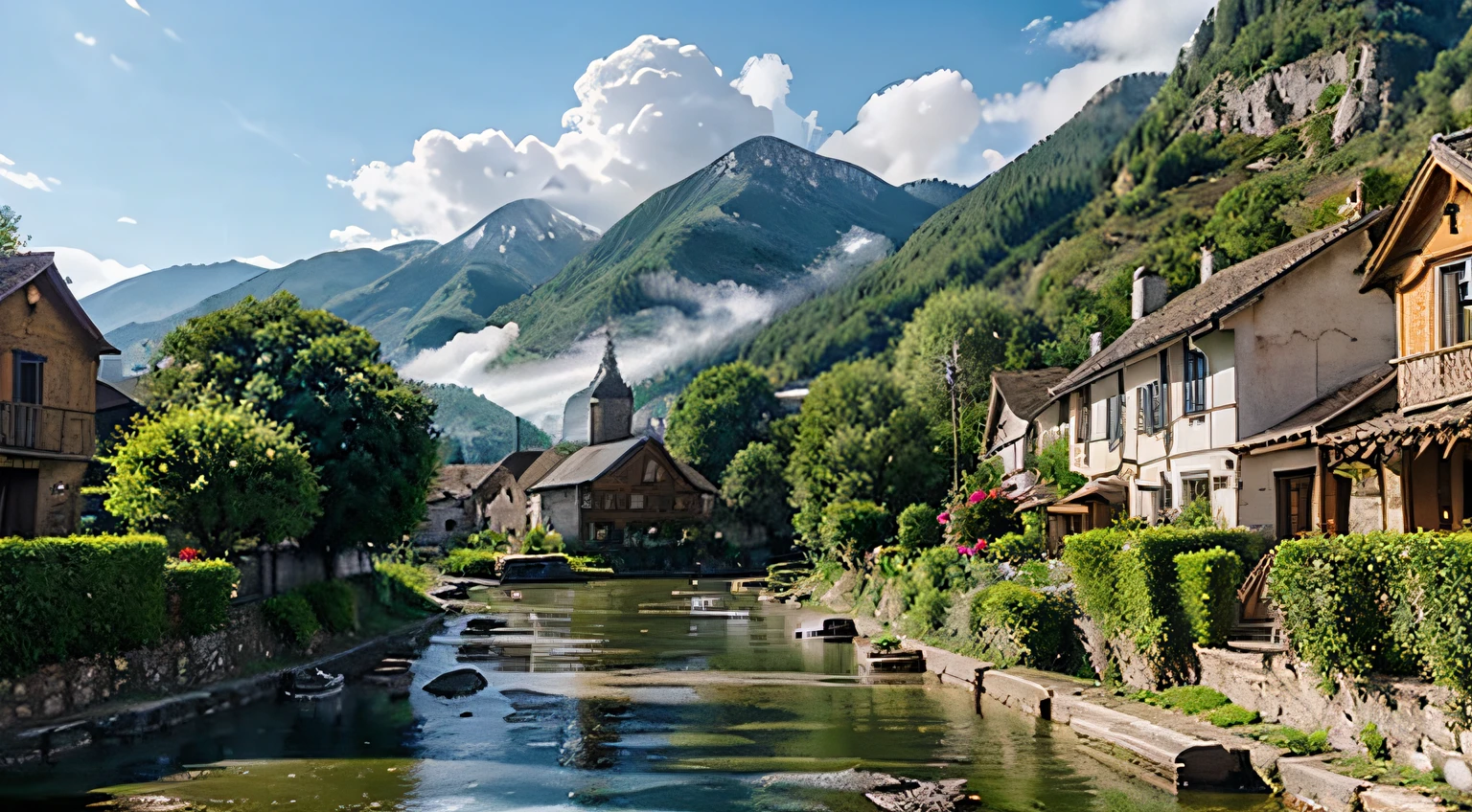 (a beautiful village in the mountains),(best quality, ultra-detailed, realistic:1.37), colorful, vibrant, picturesque scenery, charming houses, cozy cottages, quaint cobblestone streets, blooming flowers, lush greenery, majestic mountains, cascading waterfalls, peaceful atmosphere, idyllic setting, breathtaking view, clear blue sky, soft sunlight filtering through the trees, distant misty peaks, tranquil river flowing through the village, locals engaged in daily activities, friendly villagers, warm hospitality, traditional architecture, wooden balconies adorned with flower pots, smoke rising from chimneys, a small market filled with fresh produce, children playing in the streets, a peaceful village square, ancient church with a bell tower, birds chirping in the background, a sense of serenity and harmony.