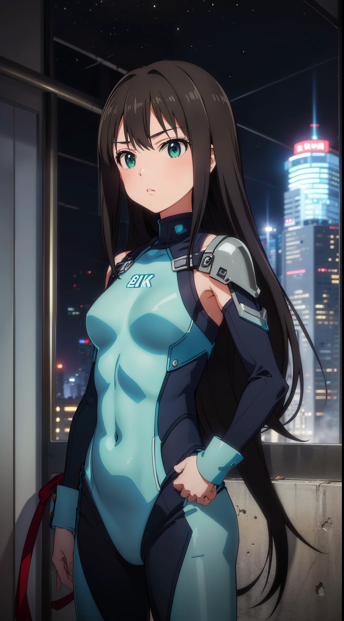 (​masterpiece、top-quality、in 8K、hight resolution:1.2)、Alone、1girl in、 Rin Shibuya、taut clothes、cowboy  shot、Look at viewers、battle posture、Hero Suit、body suit、Trained abs、Trained biceps、(Buildings:1.2)、nighttime scene