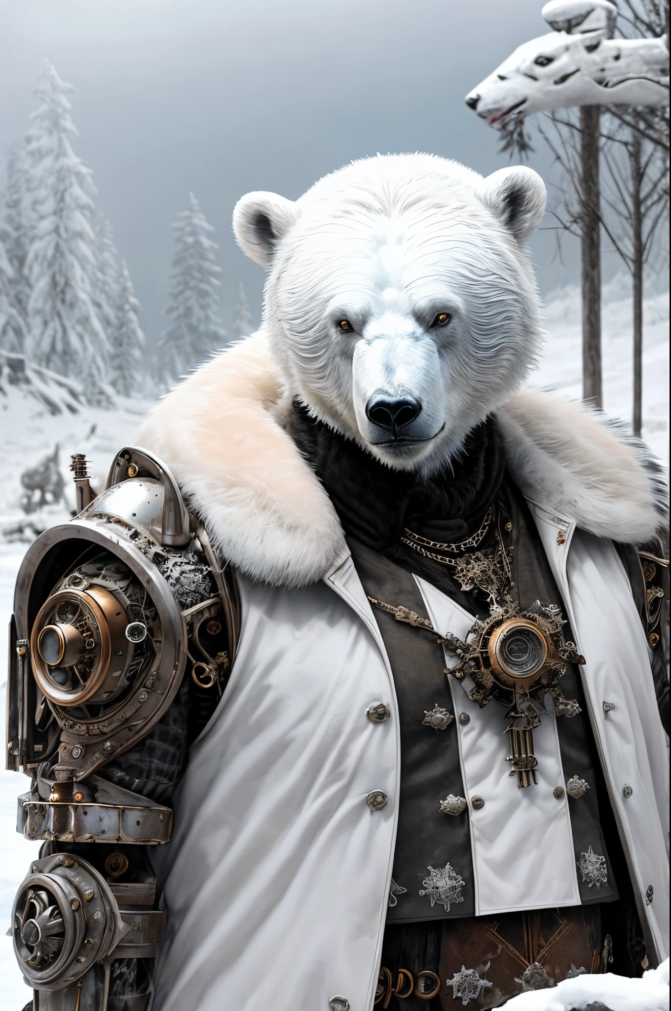 Describe a picturesque scene where a polar bear, dressed in intricate winter cold steampunk armor predominantly white with a white cover, majestically walks through of a snowy with a steampunk vibe. Detail the unique appearance of the armor, its ornate gears and extravagant accessories, while the bear, with an imposing posture, looks at the camera. Explore the fusion between the wild nature of the humanoid bear and the technological aesthetics of steampunk, detailed fur and realistic, intense sunlight