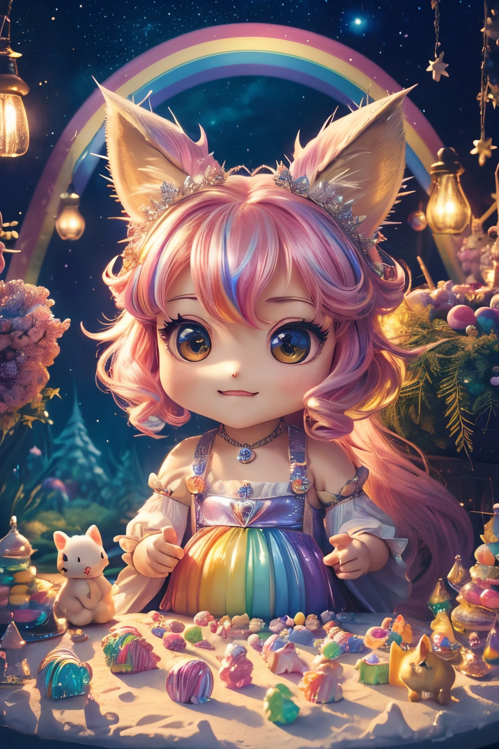 best quality,4k,8k,highres,masterpiece:1.2),ultra-detailed,(realistic,cute (chibi) princess in rainbow candy shop, highly detailed high contrast hd masterpiece of best quality in high resolutionphotorealistic,photo-realistic:1.37),Enchanted forest, illuminated by the soft moonlight,playful foxes,graceful fawns,adorable cubs,wise owls,cute bunnies,prickly hedgehogs gather under the celestial beauty,portraits,landscape,photography,vivid colors,warm tones,soft lighting,peaceful ambiance