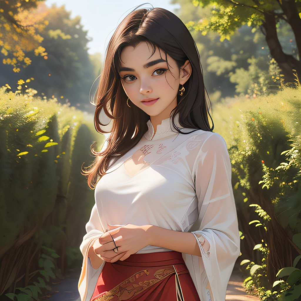 (Extremely detailed 8k wallpaper:2), (photo:2), (22 years old soigne Beautiful girl:2), (gives a lecture to friends:2), detailed (Face and eyes), (hyper realistic:1), (highly detailed:1), (epic realistic:1), rim light, (maximum details:1), cozy, (fullbody:1.3), (looking at viewer:2), (Woman's Attractive Qualities:2), (Attractive Woman:2), (Attractive:2), Smile, Intelligence, Empathy, Gracefulness, Sense of Style, Fitness, Grooming, Optimism, (Sensitivity:2), Sincerity, Romantic Gestures, Playfulness, Fashion Sense, (Sensuality:2), Charm, Modesty, Thoughtfulness, (Femininity:1), Flirtatiousness, Warmth, (Physical attractiveness:2), A beautiful smile, A love of life, strength and power, vulnerability, curiosity, wonder, love, (nature background:2), kawaii, waifu, Beautiful breasts, (attractive body:2), (Beautiful body:2), Beautiful pose, attractive pose, (Beautiful legs:1.0), (Beautiful clothes:1), (classic clothes:2), (elegant clothes:2), (European clothes:2), detailed clothes, (skirt:1), (blouse:1), (provocative pose)