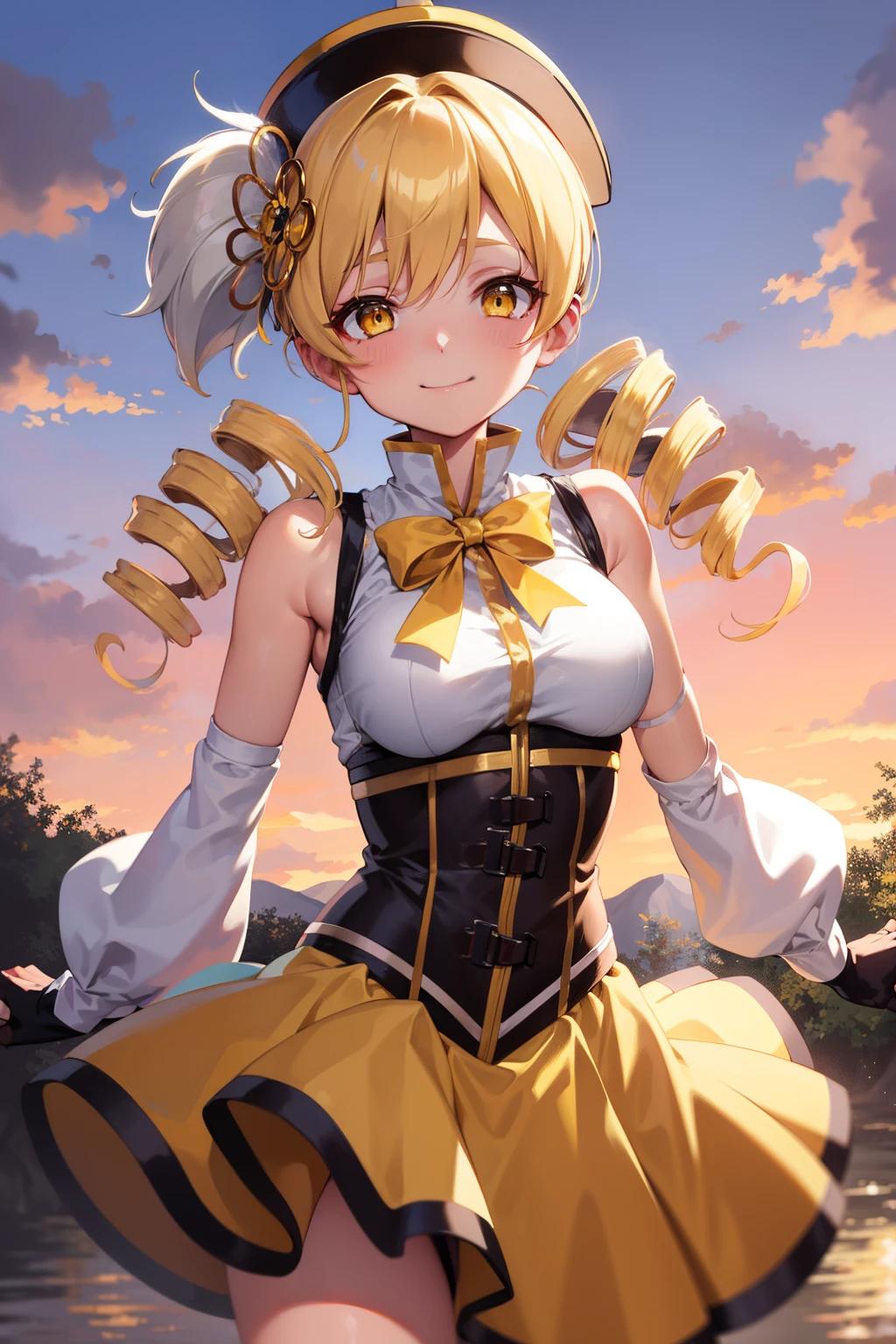 masutepiece, Best Quality, 1girl in, (Mami Tomoe), Blonde hair, Drill Hair, twin drills, (Yellow eyes:1.2), Brown gloves, corsets, Detached sleeves, Fingerless gloves, Smile, hat, magical little girl, Puffy sleeves, striped thigh, Yellow skirt, coverd nippple, breasts, npclearly, clearly , Hidden Private, Partially visible crotch, skyporn, evening, Sunset,、((Photo from directly below))、((Black panties))