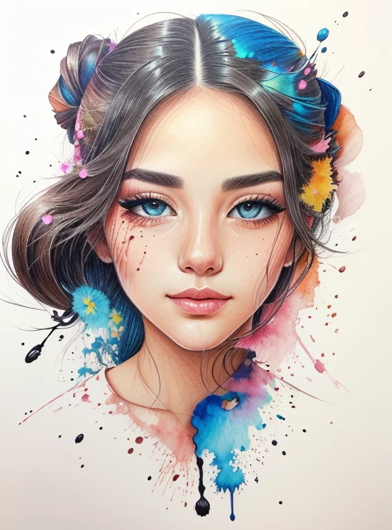 Color pencil drawing of a beautiful woman's face with ink splashed on it and drops of ink falling --air 4:5 --s 500