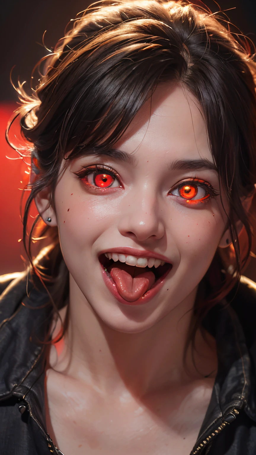 (best quality,4k,8k,highres,masterpiece:1.2), ultra-detailed, (realistic,photorealistic,photo-realistic:1.37), studio lighting, physically-based rendering, vivid colors, (glowing red eyes:1.5), (laughing like a madman with his mouth wide open:1.2), imagem de corpo inteira