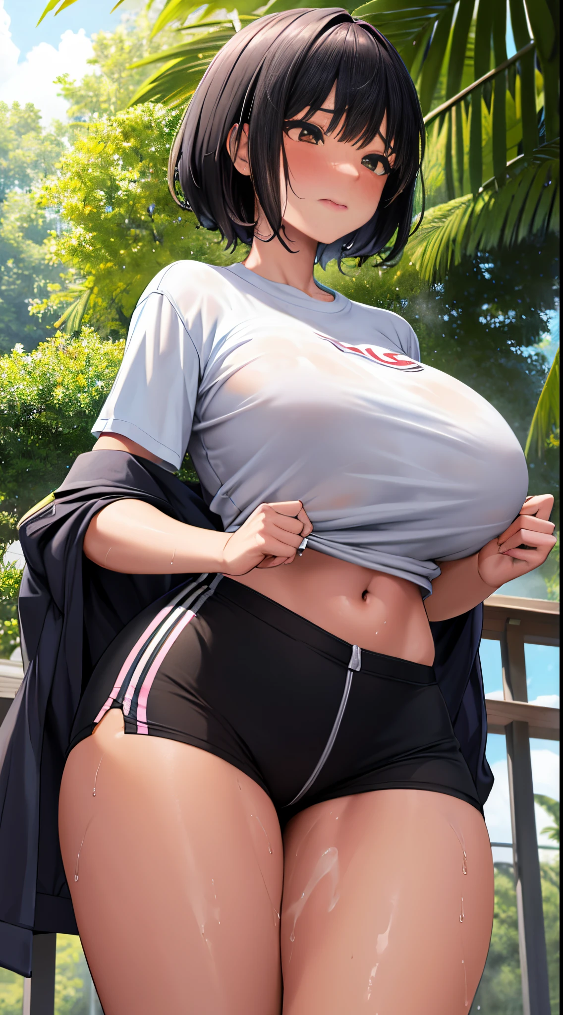 [ 4 k digital art ]!!,ecchi anime art style,moe anime face,anime girl,fling on sports jacket,tracksuit,white shirt,short pants,revealing clothes,(tanned skin:1.2),sweat on breasts,japanese girl,,wet hair,(sweaty),tanned girl leaning on tree,doggy style,at sunny nature park,(black hair), short hair,huge breasts,(blushed:1.1),wavy mouth,(humid),(trembling:1.3),thick thighs,back shot,