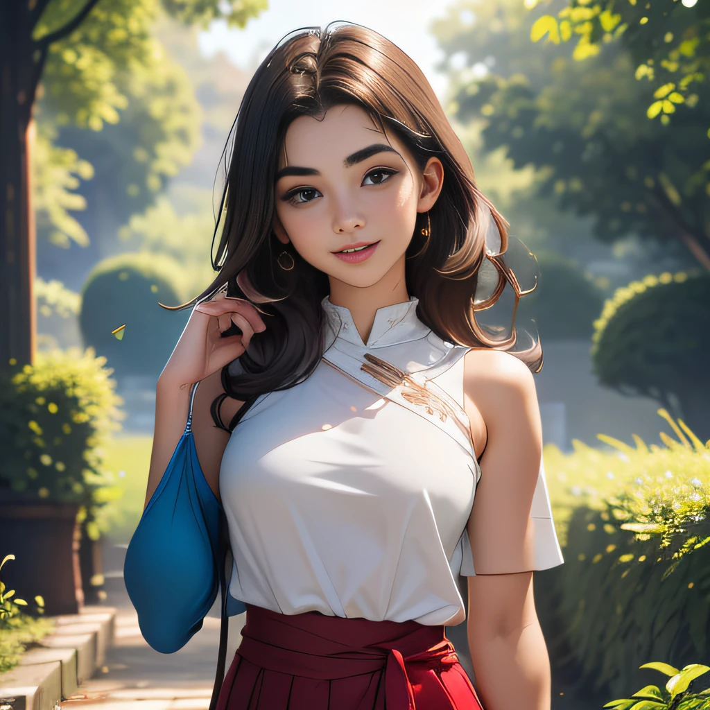 (Extremely detailed 8k wallpaper:2), (photo:2), (22 years old soigne Beautiful girl:2), (gives a lecture to friends:2), detailed (Face and eyes), (hyper realistic:1), (highly detailed:1), (epic realistic:1), rim light, (maximum details:1), cozy, (fullbody:1.3), (looking at viewer:2), (Woman's Attractive Qualities:2), (Attractive Woman:2), (Attractive:2), Smile, Intelligence, Empathy, Gracefulness, Sense of Style, Fitness, Grooming, Optimism, (Sensitivity:2), Sincerity, Romantic Gestures, Playfulness, Fashion Sense, (Sensuality:2), Charm, Modesty, Thoughtfulness, (Femininity:1), Flirtatiousness, Warmth, (Physical attractiveness:2), A beautiful smile, A love of life, strength and power, vulnerability, curiosity, wonder, love, (nature background:2), kawaii, waifu, Beautiful breasts, (attractive body:2), (Beautiful body:2), Beautiful pose, attractive pose, (Beautiful legs:1.0), (Beautiful clothes:1), (classic clothes:2), (elegant clothes:2), (European clothes:2), detailed clothes, (skirt:1), (blouse:1), (provocative pose)