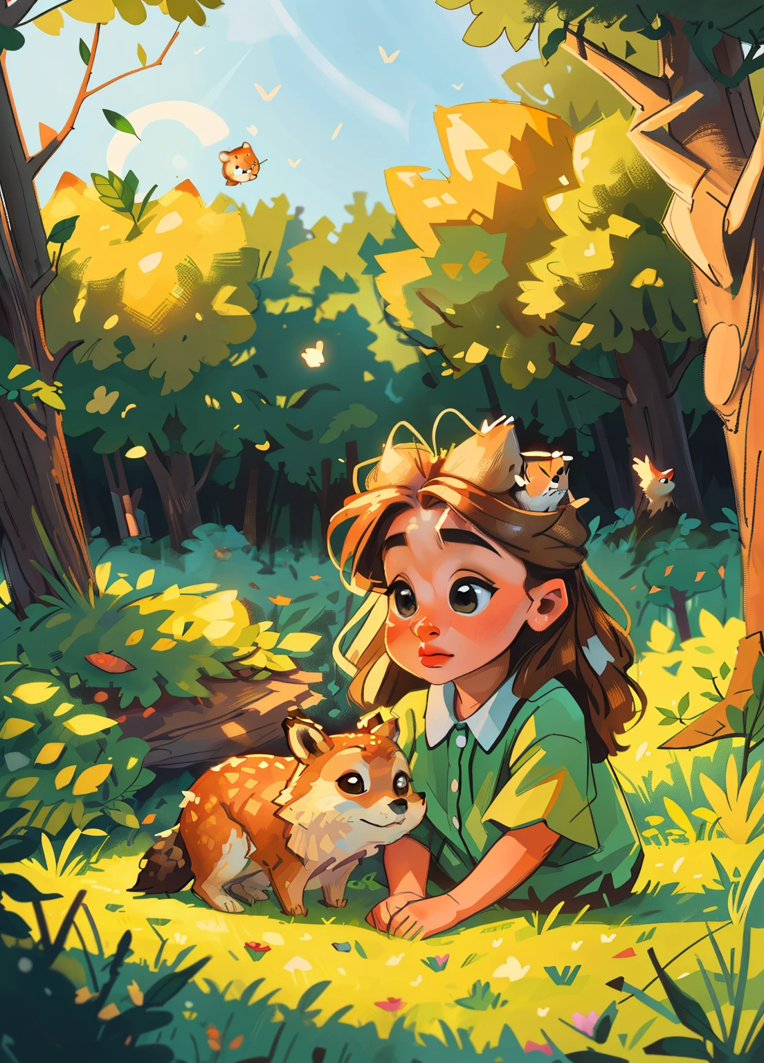 best quality,4k,8k,highres,masterpiece:1.2),ultra-detailed,(realistic,photorealistic,photo-realistic:1.37),Enchanted forest, girl illuminated by the soft moonlight,playful foxes,graceful fawns,adorable cubs,wise owls,cute bunnies,prickly hedgehogs gather under the celestial beauty,portraits,landscape,photography,vivid colors,warm tones,soft lighting,peaceful ambiance