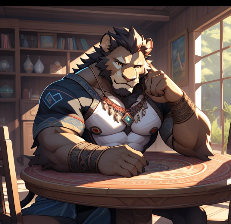Tall and athletic Lion Orc, erect penis, Estudante de Esportes, Ensolarado bonito, Camera on white round table, fundo simples, parede branca, Luz fraca, luz natural, interior rendering, XGIMI, Detalhes claros, realismo, renderizado, Nikon, c4d, 3DMAX, Redshift rendering, corona rendering, Behace --ar 1:2 --C 10, , hands crossed, Shy, Estro