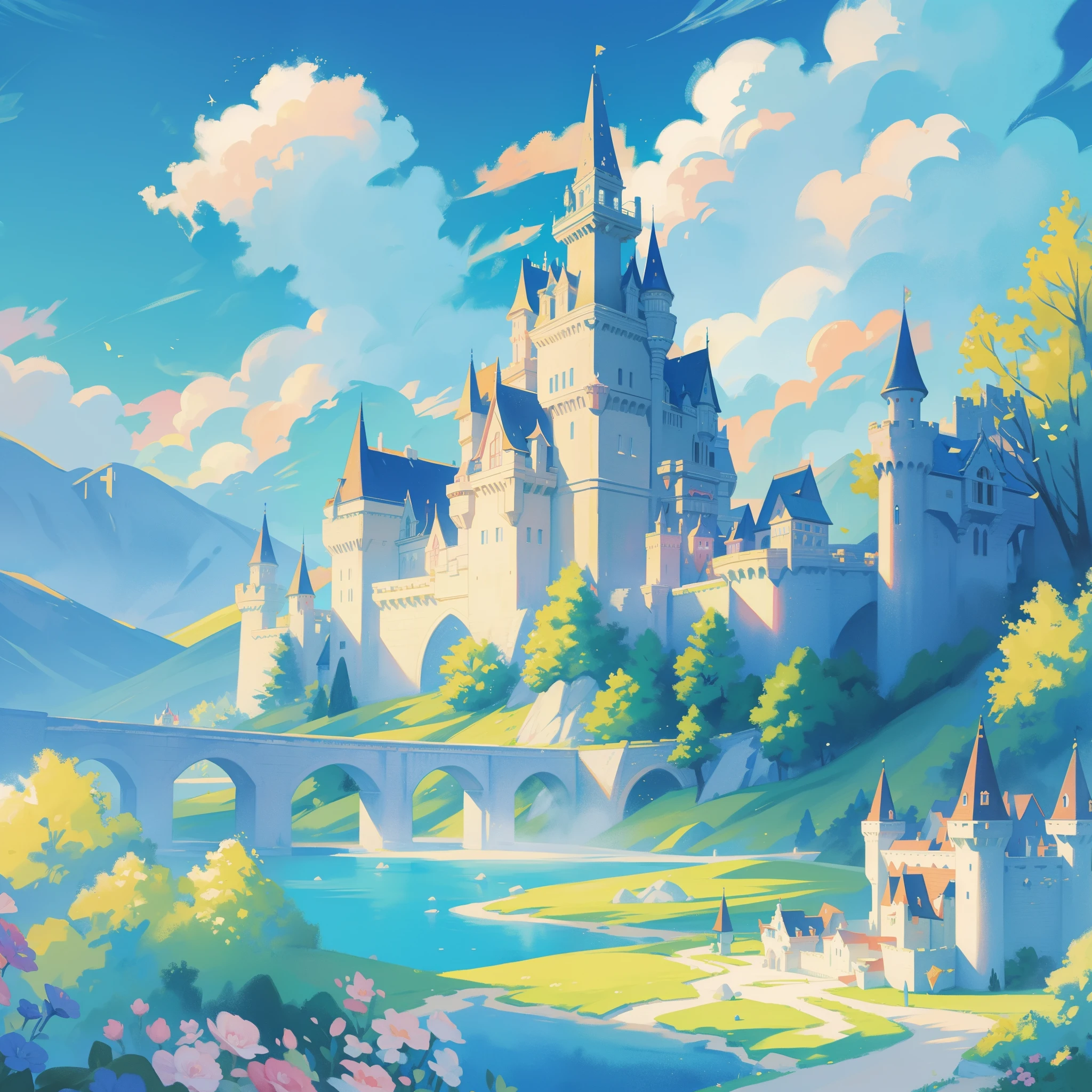 picture book illustration, watercolor storybook illustration, ((princess castle)), ((fairytale castle)), fairytale towers, clouds, vibrant pastel colors, dream, colorful, whimsical, magical, masterpiece, best quality, sharp focus, intricately detailed environment, fine detail, 8k resolution