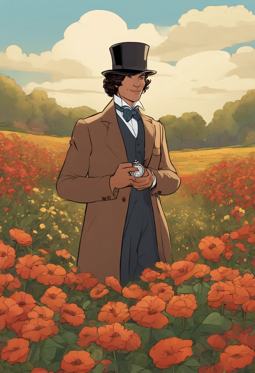 A photo of Jervis kneeling in a field of vibrant flowers, holding a small pocket watch and gazing off into the distance with a mischievous grin.,Batman: The Animated Series,Jervis is tall, wears a tweed suit and top hat, shoulder length curly brown hair and neat goatee. Famously portrayed by Benedict Samuel, male