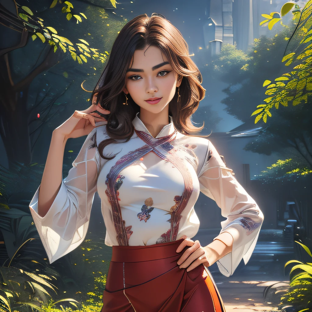 (Extremely detailed 8k wallpaper:2), (photo:2), (22 years old soigne Beautiful girl:2), (gives a lecture to friends:2), detailed (Face and eyes), (hyper realistic:1), (highly detailed:1), (epic realistic:1), rim light, (maximum details:1), cozy, (fullbody:1.3), (looking at viewer:2), (Woman's Attractive Qualities:2), (Attractive Woman:2), (Attractive:2), Smile, Intelligence, Empathy, Gracefulness, Sense of Style, Fitness, Grooming, Optimism, (Sensitivity:2), Sincerity, Romantic Gestures, Playfulness, Fashion Sense, (Sensuality:2), Charm, Modesty, Thoughtfulness, (Femininity:1), Flirtatiousness, Warmth, (Physical attractiveness:2), A beautiful smile, A love of life, strength and power, vulnerability, curiosity, wonder, love, (nature background:2), kawaii, waifu, Beautiful breasts, (attractive body:2), (Beautiful body:2), Beautiful pose, attractive pose, (Beautiful legs:1.0), (Beautiful clothes:1), (classic clothes:2), (elegant clothes:2), (European clothes:2), detailed clothes, (skirt:1), (blouse:1), (provocative pose)