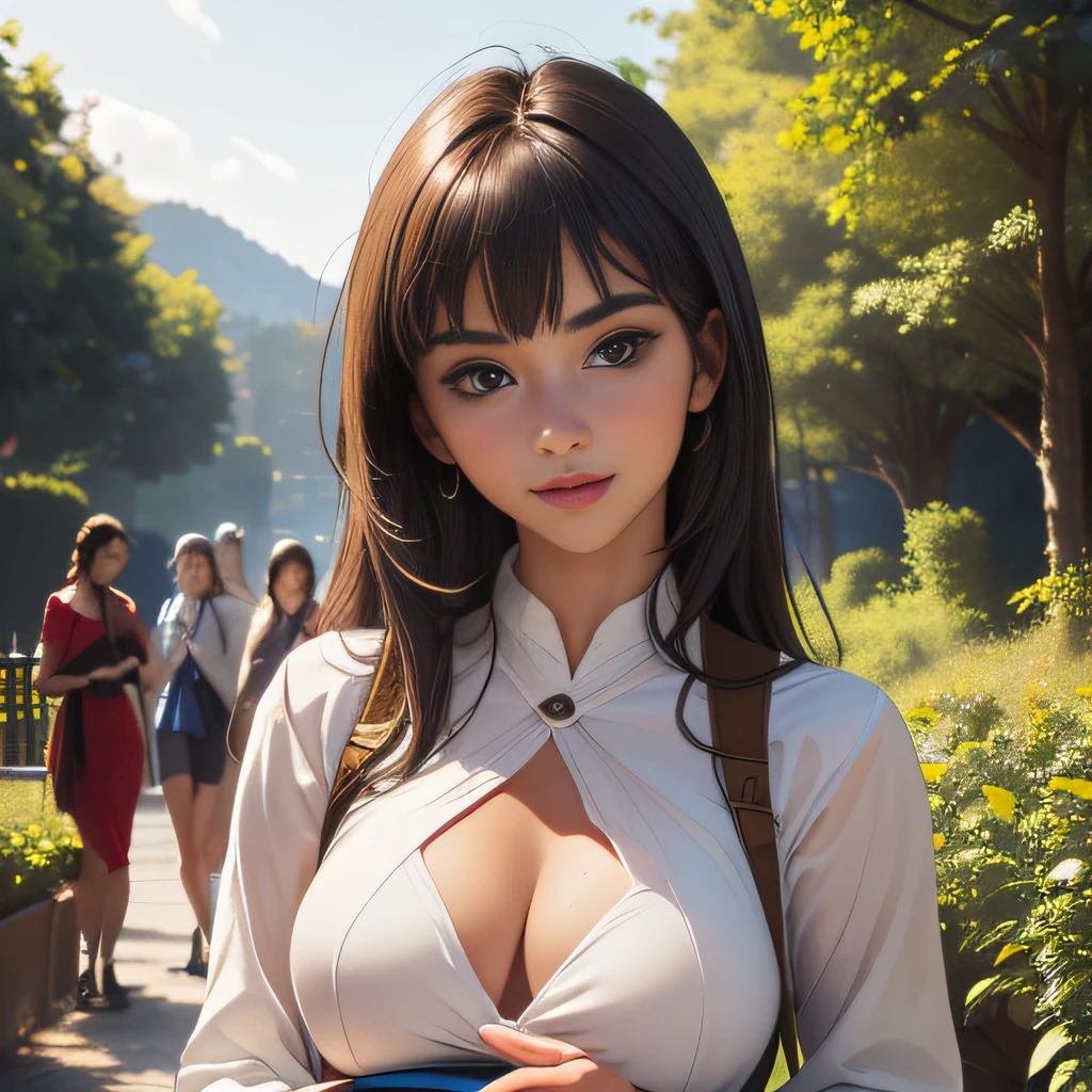 (Extremely detailed 8k wallpaper:2), (photo:2), (22 years old soigne Beautiful girl:2), (gives a lecture to friends:2), detailed (Face and eyes), (hyper realistic:1), (highly detailed:1), (epic realistic:1), rim light, (maximum details:1), cozy, (fullbody:1.3), (looking at viewer:2), (Woman's Attractive Qualities:2), (Attractive Woman:2), (Attractive:2), Smile, Intelligence, Empathy, Gracefulness, Sense of Style, Fitness, Grooming, Optimism, (Sensitivity:2), Sincerity, Romantic Gestures, Playfulness, Fashion Sense, (Sensuality:2), Charm, Modesty, Thoughtfulness, (Femininity:1), Flirtatiousness, Warmth, (Physical attractiveness:2), A beautiful smile, A love of life, strength and power, vulnerability, curiosity, wonder, love, (nature background:2), kawaii, waifu, Beautiful breasts, (attractive body:2), (Beautiful body:2), Beautiful pose, attractive pose, (Beautiful legs:1.0), (Beautiful clothes:1), (classic clothes:2), (elegant clothes:2), (European clothes:2), detailed clothes, (skirt:1), (blouse:1), (provocative pose)