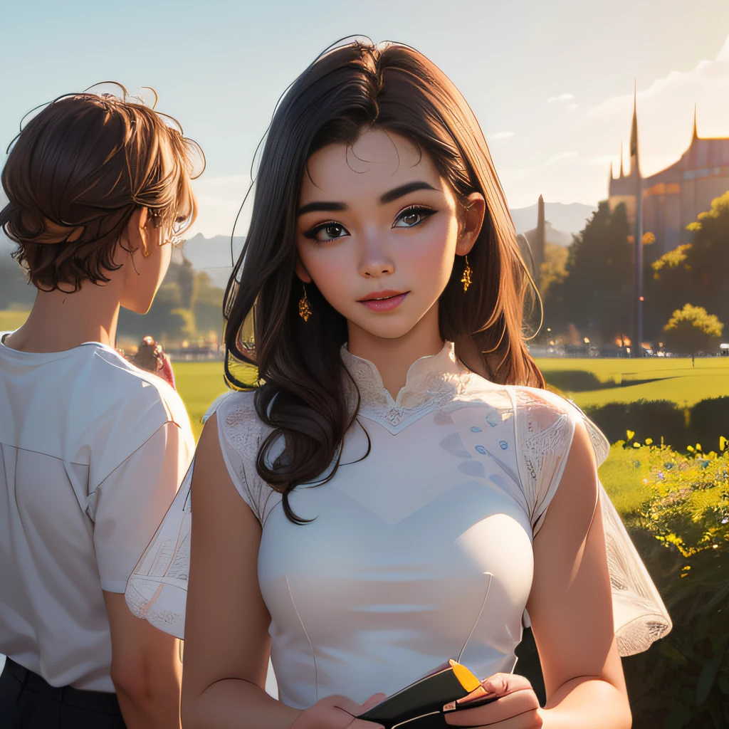 (Extremely detailed 8k wallpaper:2), (photo:2), (22 years old soigne Beautiful girl:2), (gives a lecture to friends:2), detailed (Face and eyes), (hyper realistic:1), (highly detailed:1), (epic realistic:1), rim light, (maximum details:1), cozy, (fullbody:1.3), (looking at viewer:2), (Woman's Attractive Qualities:2), (Attractive Woman:2), (Attractive:2), Smile, Intelligence, Empathy, Gracefulness, Sense of Style, Fitness, Grooming, Optimism, (Sensitivity:2), Sincerity, Romantic Gestures, Playfulness, Fashion Sense, (Sensuality:2), Charm, Modesty, Thoughtfulness, (Femininity:1), Flirtatiousness, Warmth, (Physical attractiveness:2), A beautiful smile, A love of life, strength and power, vulnerability, curiosity, wonder, love, (nature background:2), kawaii, waifu, Beautiful breasts, (attractive body:2), (Beautiful body:2), Beautiful pose, attractive pose, (Beautiful legs:1.0), (Beautiful clothes:1), (classic clothes:2), (elegant clothes:2), (European clothes:2), detailed clothes, (skirt:1), (blouse:1), (provocative pose)