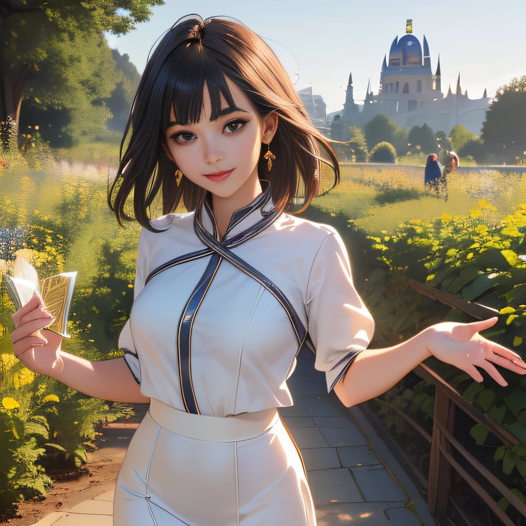 (Extremely detailed 8k wallpaper:2), (photo:2), (22 years old soigne Beautiful girl:2), (gives a lecture to friends:2), detailed (Face and eyes), (hyper realistic:1), (highly detailed:1), (epic realistic:1), rim light, (maximum details:1), cozy, (fullbody:1.3), (looking at viewer:2), (Woman's Attractive Qualities:2), (Attractive Woman:2), (Attractive:2), Smile, Intelligence, Empathy, Gracefulness, Sense of Style, Fitness, Grooming, Optimism, (Sensitivity:2), Sincerity, Romantic Gestures, Playfulness, Fashion Sense, (Sensuality:2), Charm, Modesty, Thoughtfulness, (Femininity:1), Flirtatiousness, Warmth, (Physical attractiveness:2), A beautiful smile, A love of life, strength and power, vulnerability, curiosity, wonder, love, (nature background:2), kawaii, waifu, Beautiful breasts, (attractive body:2), (Beautiful body:2), Beautiful pose, attractive pose, (Beautiful legs:1.0), (Beautiful clothes:1), (classic clothes:2), (elegant clothes:2), (European clothes:2), detailed clothes, (skirt:1), (blouse:1), (provocative pose)