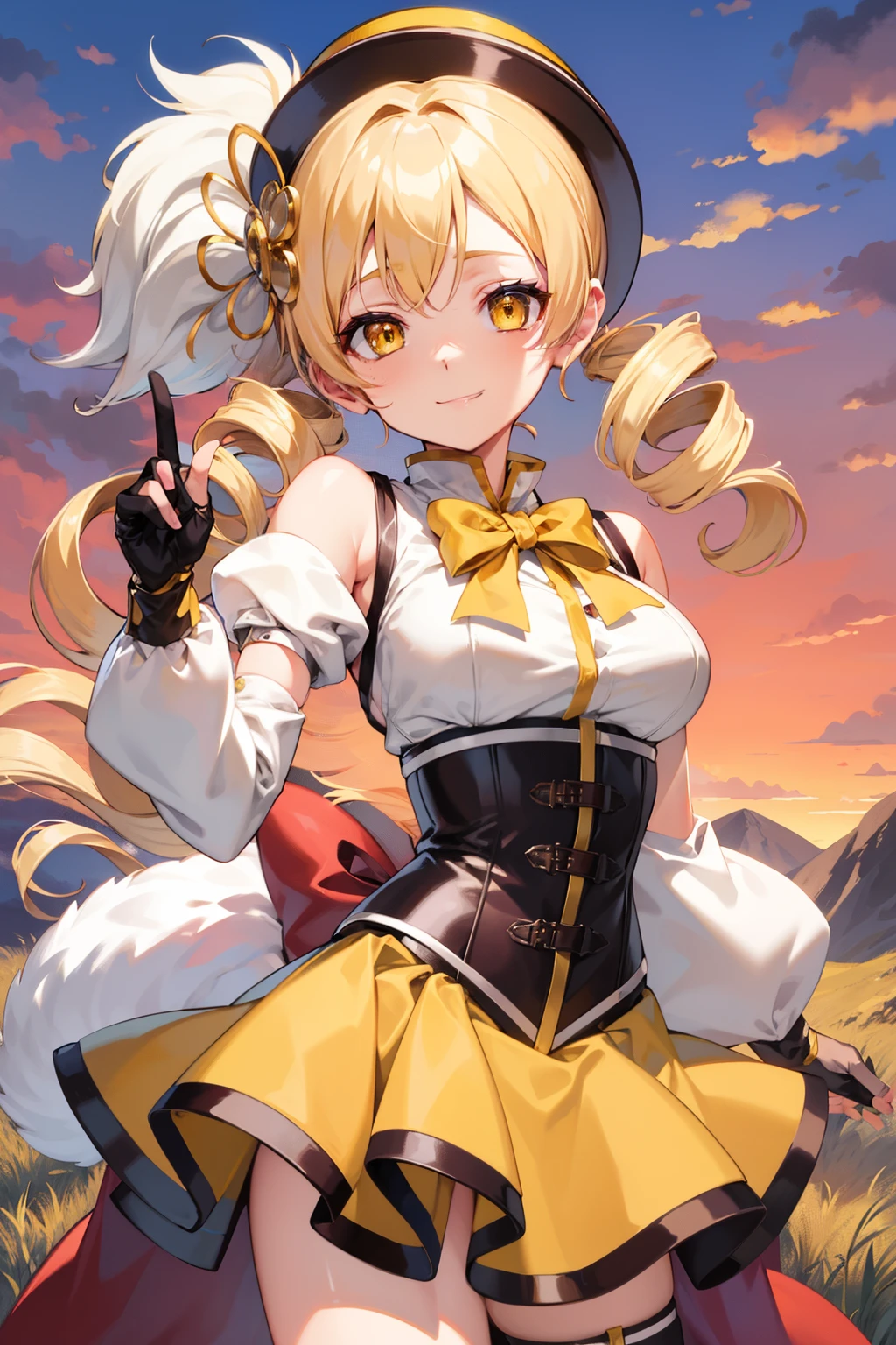 masutepiece, Best Quality, 1girl in, (Mami Tomoe), Blonde hair, Drill Hair, twin drills, (Yellow eyes:1.2), Brown gloves, corsets, Detached sleeves, Fingerless gloves, Smile, hat, magical girl, Puffy sleeves, striped thigh, Yellow skirt, coverd nippple, breasts, npclearly, Clearly , Hidden Private, Partially visible crotch, skyporn, evening, Sunset,