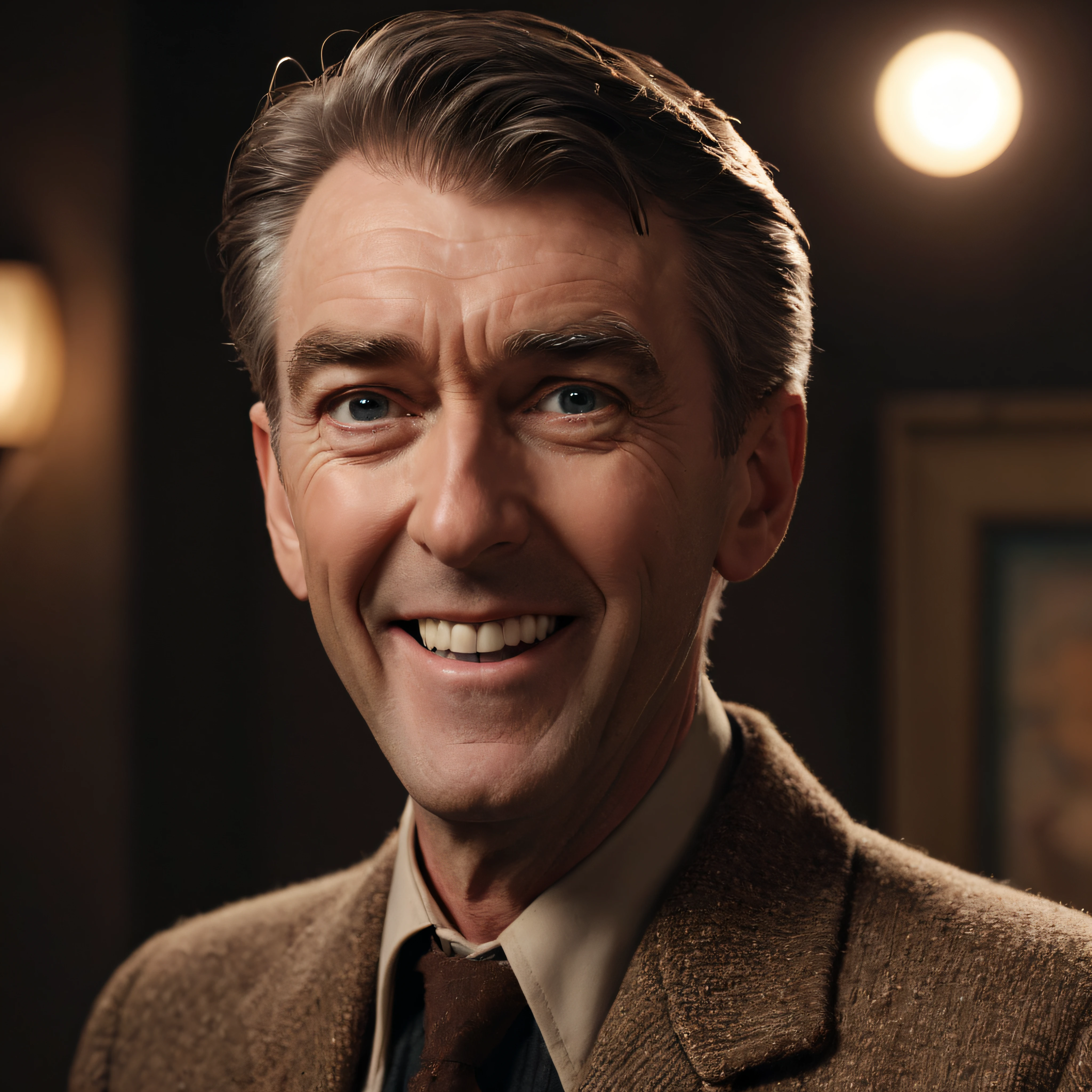38-year-old Jimmy Stewart, It's a wonderful life, happy face, a dark, gradated brown wall in the background with a spotlight affect, Professional quality studio photograph, 4k, 8k, 32k UHD, Hyper realistic, extremely colorful, vibrant, photorealistic, realistic, sharp, highly detailed, professional quality, beautiful, awesome, majestic, superb, trending on artstation, pleasing, lovely, Cinematic, gorgeous, Real, Life like, Highly detailed, sharp, focused, fantastic, trending on art station
