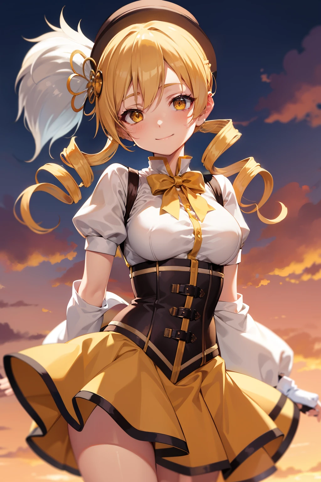 table top, highest quality, 1 girl, (Mami Tomoe), blonde hair, drill hair, twin drill, (yellow eyes:1.2), brown gloves, corset, removed sleeve, fingerless gloves, smile, have, Magic , plump sleeves, striped thighs, yellow skirt, covered nipples, chest, npclearly, clearly , hidden private, Partially visible crotch, sky porn, evening, sunset,、((Photo from directly below))、((black panties))