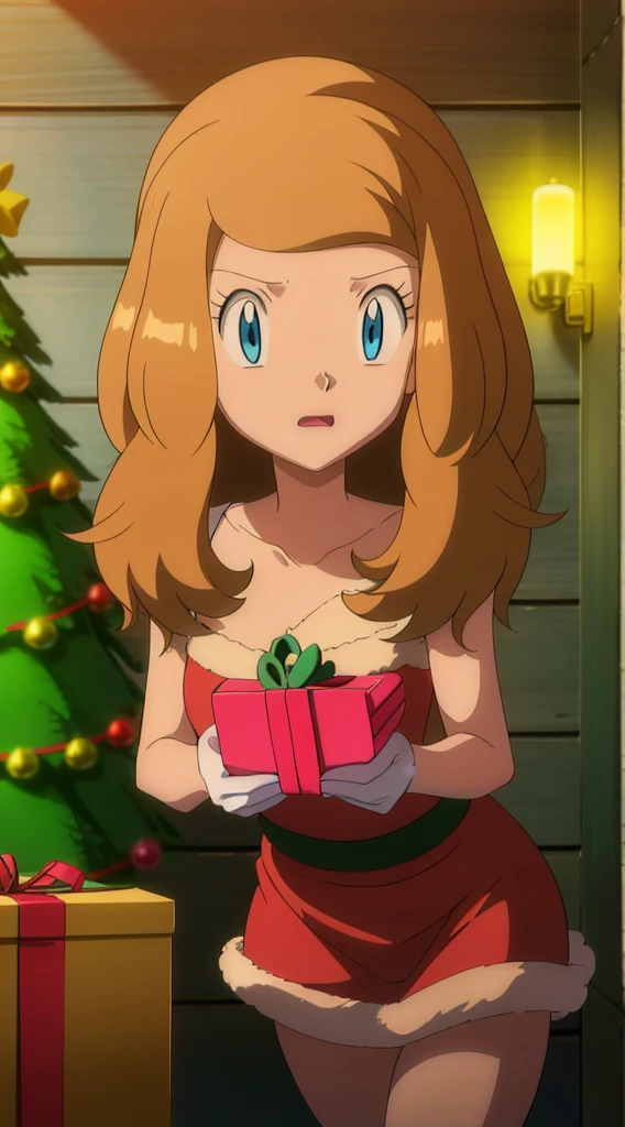 masterpiece, best quality, 1 solo girl, dark blonde hair, blue eyes, medium hair, wavy hair, Christmas ornaments, medium breasts, mature body and face, red christmas dress, christmas, christmas light, christmas tree, red gloves, red santa skirt, holding gift, red bra, red panty, leg up, cowboy shots, sexy pose, dakimakura, detailed body, face, and eyes, sharp focus, vibrant, creative, dynamic, high definition, high resolution, 8k, (Upscale: R-ESRGAN 4x+ Anime6B), (Image enchance:4x), voluptuous body