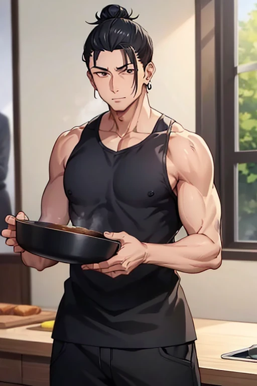 1 man, getou, standing, cooking, black shirt, black shorts, broad shoulders, height of 1 meter and 90 centimeters, muscular body, hair bun, hair back, black ear piercing, brown eyes, masterpiece, great quality