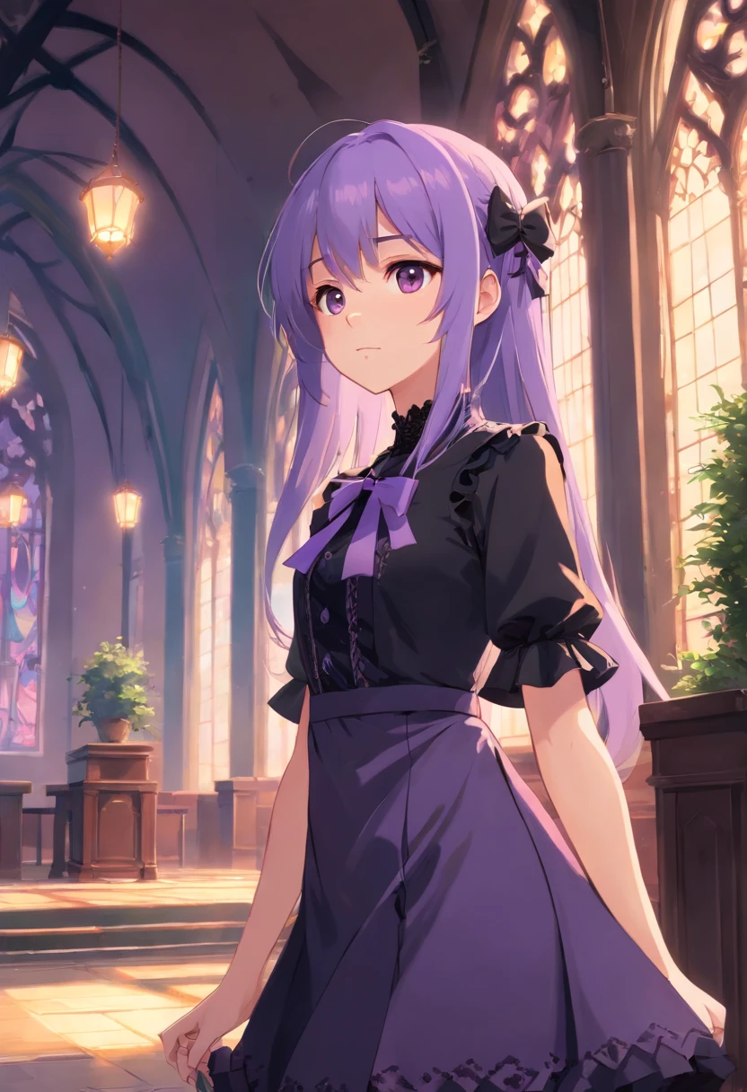 1girl, young, long lavender hair, wearing a Gothic short dress, looking away, standing straight up, facing front, full body, with a bow on her chest, wearing a small top hat, pouting, arms crossed
