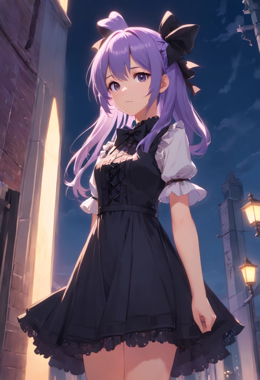 1girl, young, long lavender hair, wearing a Gothic short dress, looking away, standing straight up, facing front, full body, with a bow on her chest, wearing a small top hat, pouting, arms crossed